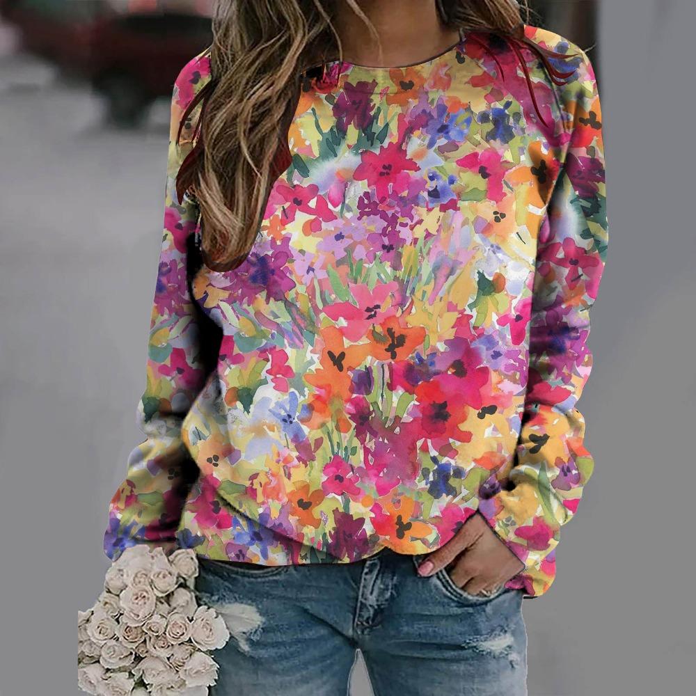 New Loose Casual 3D Floral Print Pattern Women's Round Neck Long Sleeved T-shirt