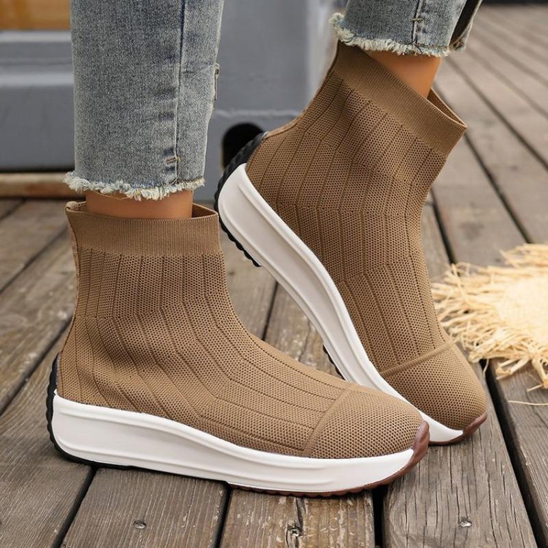 Socks boots women's autumn and winter new fly-woven high-top elastic medium boots muffin thick-soled one-pedal short boots