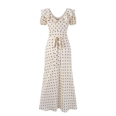 French Retro Polka Dot Print Dress Women's Summer Court Bubble Sleeves High Waist and Thin Knee Length Skirt