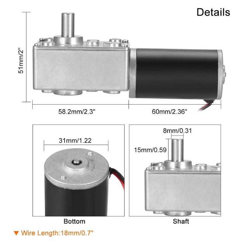 DC12V 24V Powerful Torque Gearmotor Metal Turbo Worm Gearbox Type-D Shaft Reversed Low Speed 70kg.cm Self-Lock Worm Gear Motor