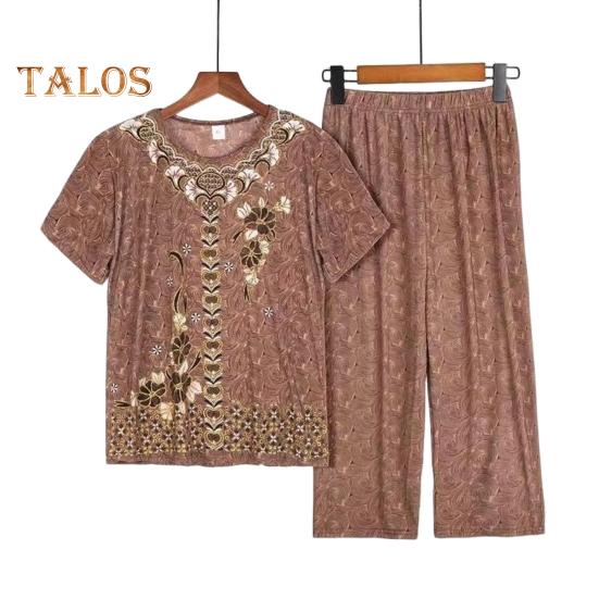 2 Pcs/Set Mid-aged Women Pajamas Set O Neck Embroidery Short Sleeve Plus Size Elastic Waist Pleated Loose Wide Leg Mother Grandmother Sleepwear