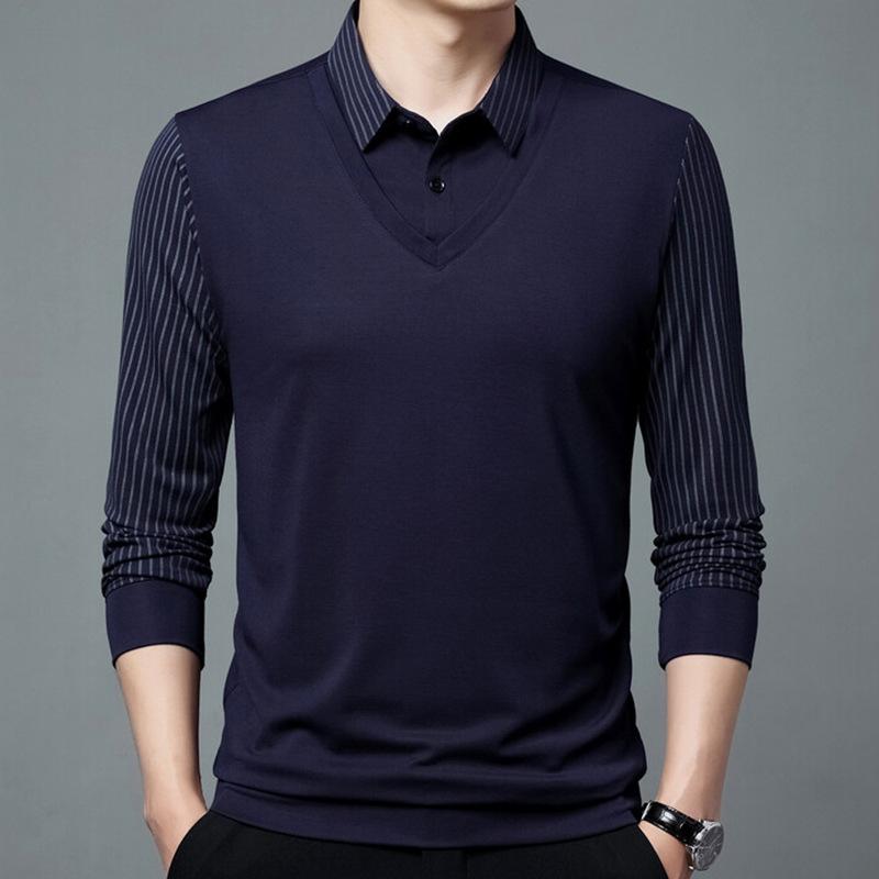 Frühling und Herbst Neues Fake-Zweiteiler Herren T-Shirt Mittelalterlich Lässig Papa Poloshirt Dünnes Revers Gestreiftes Unterteil