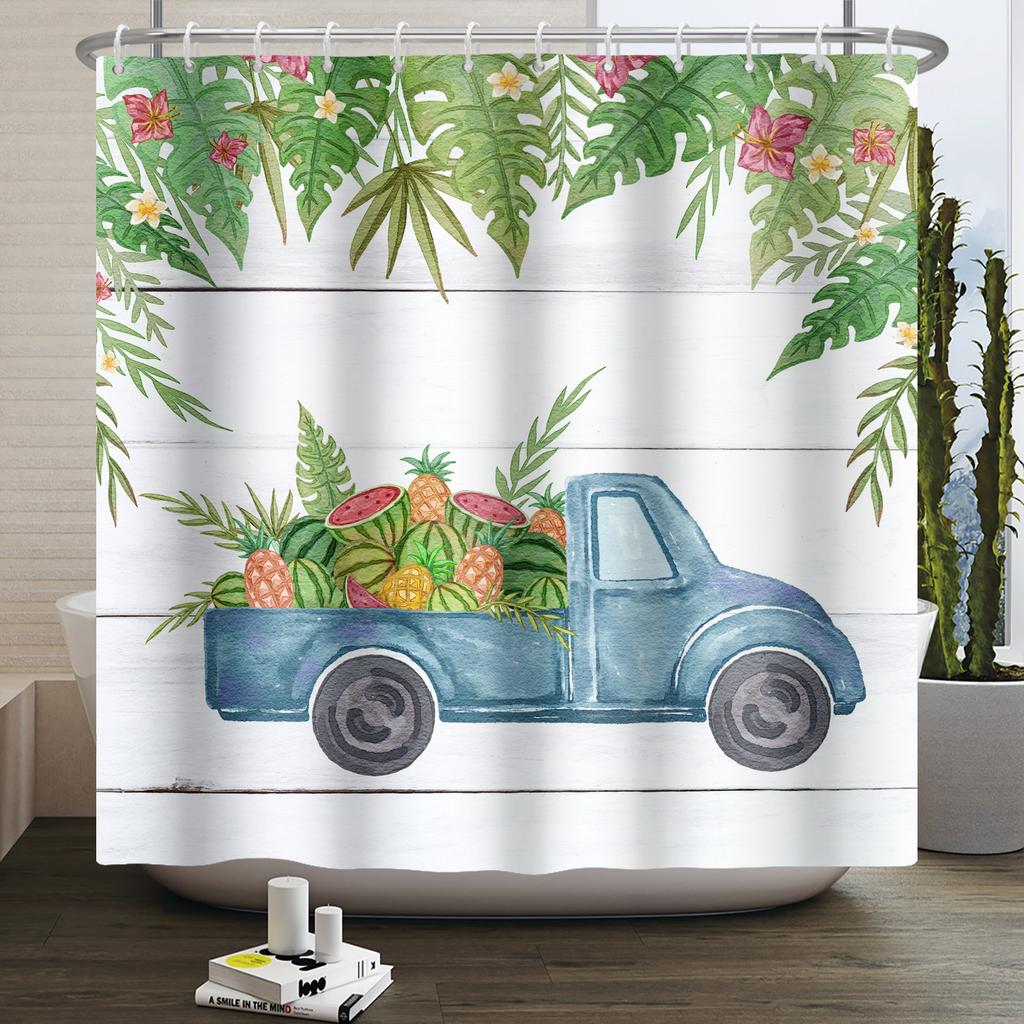 Summer Watermelon Truck Shower Curtain Tropical Palm Leaves Home Kitchen Bath Partition Waterproof Hanging Curtain With Hooks