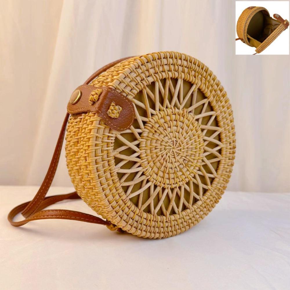Ethnic Style Rattan Weave Bag Bohemian Round Crossbody Bag Retro Beach Bag  Picnic