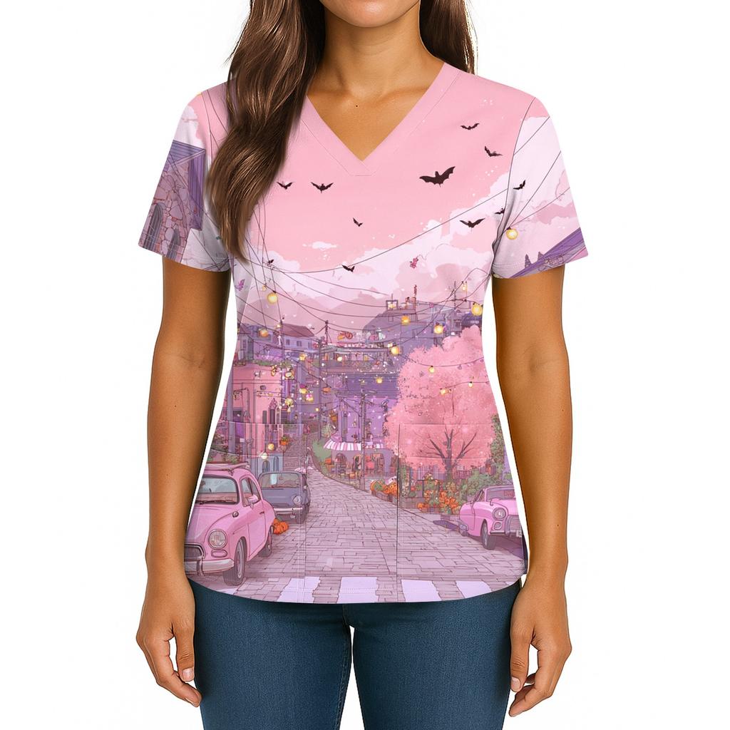 Women's Halloween Printed V-Neck Double Pocket Short Sleeves Hem Slit Uniform Caregiver Top