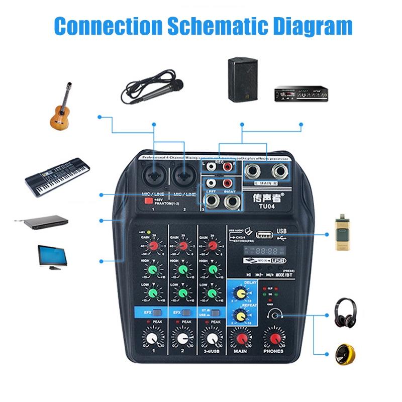 Portable 4 Channels Audio Audio Mixer A4 Sound Mixing Console Bluetooth Record 48V Phantom Powe EffectsMixer with USB New
