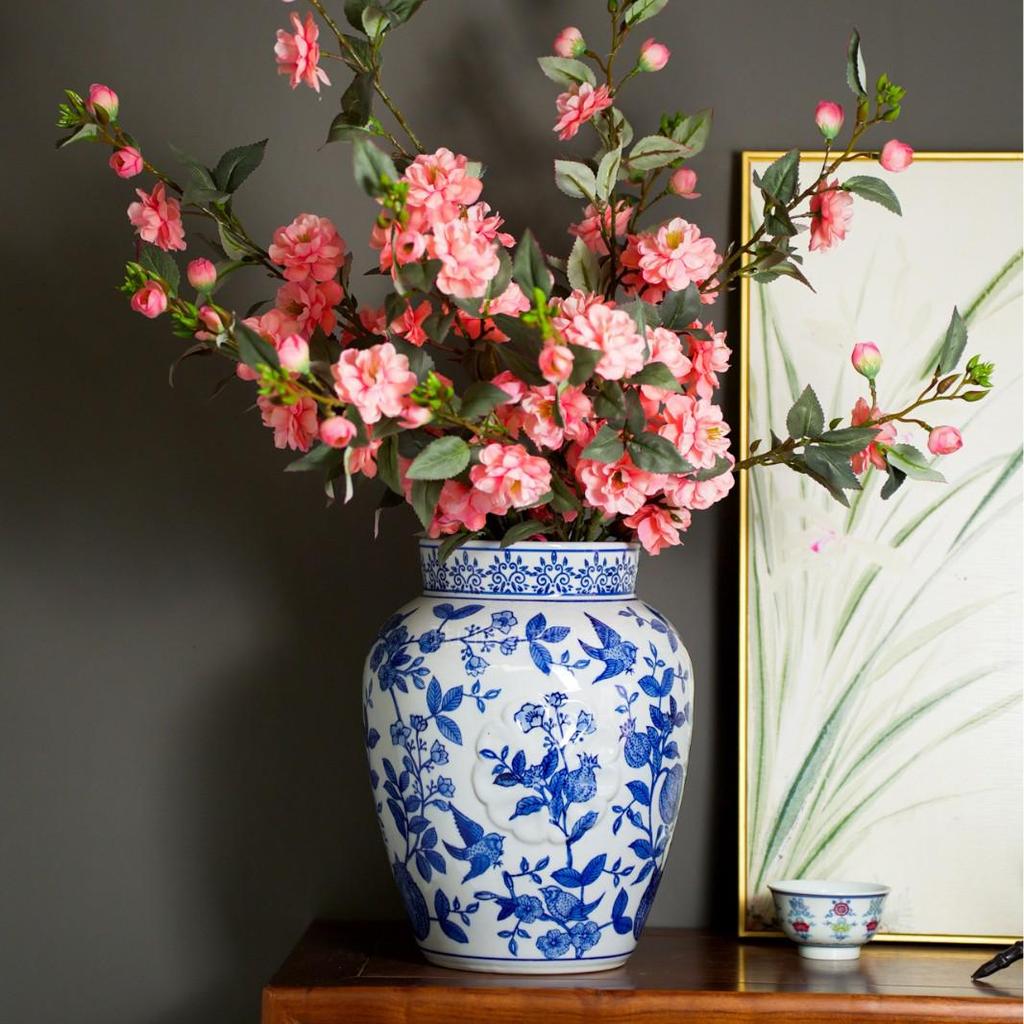 Antique Blue and White Hand-Painted Ceramic Flower Arrangement Vase