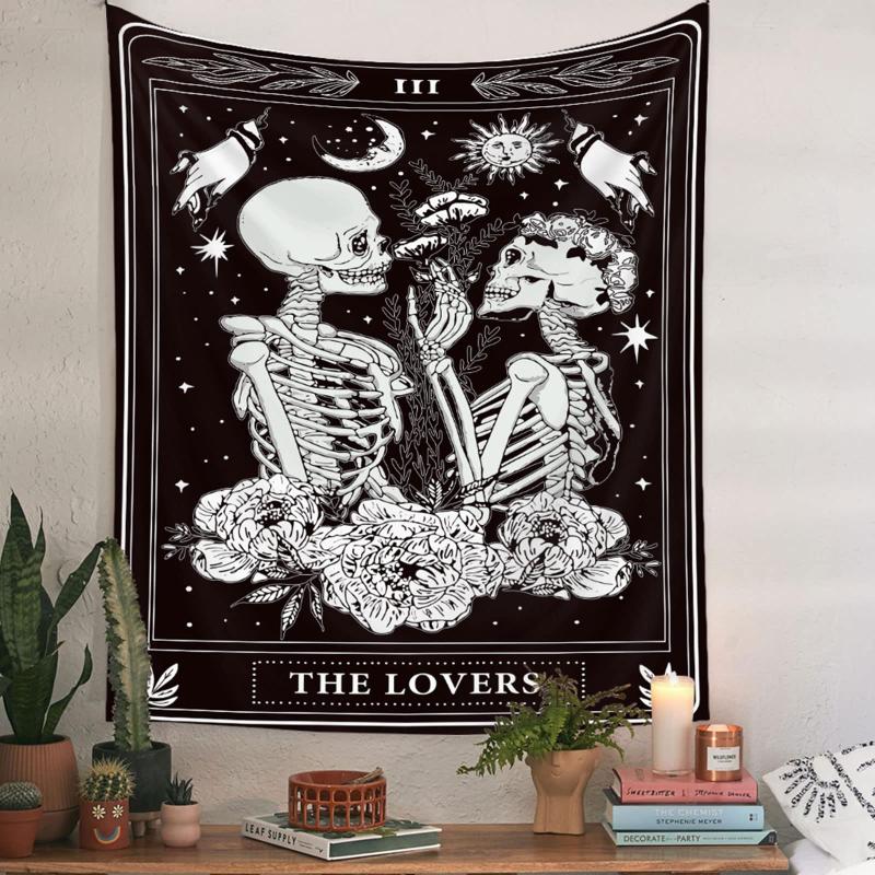 The Lovers Tarot Tapestry Skeleton Couple Wall Hanging Sun Moon Gothic Home Decor Bedroom Living Room Art