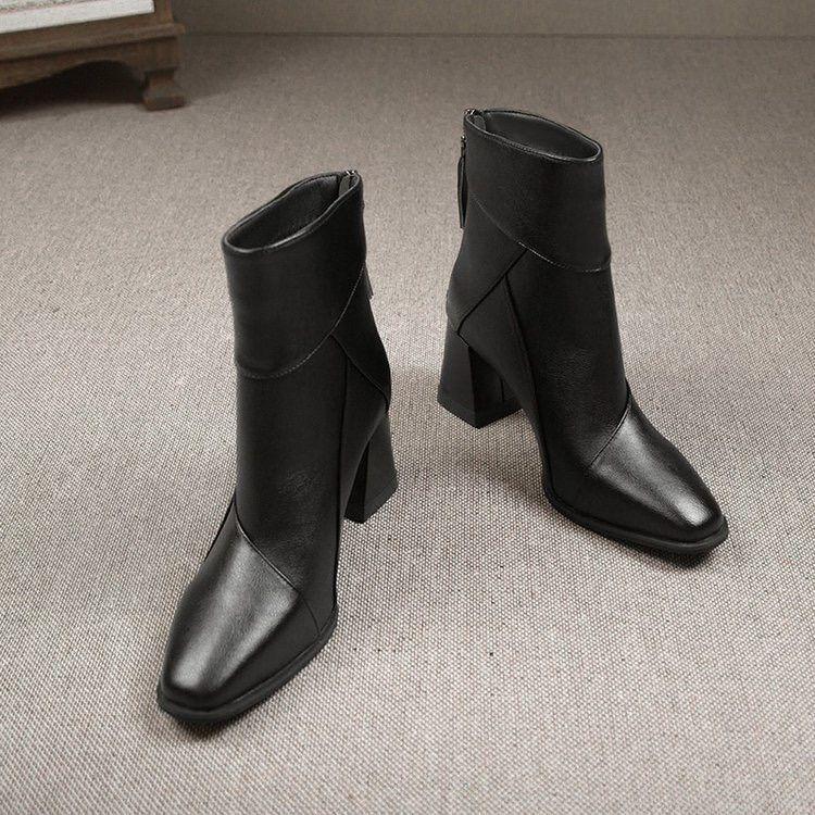 

Genuine Leather Chunky Heel Patchwork Short Boots for Women - Autumn/Winter Style with Back Zipper and Frosted Finish 38 чёрный