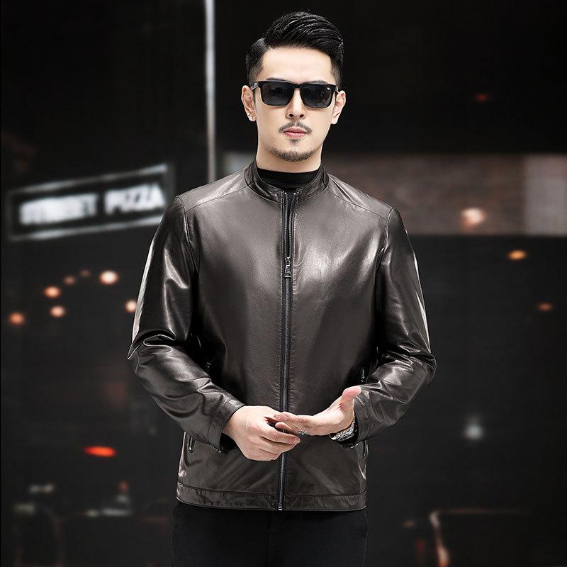 New genuine leather jacket for men in spring and autumn, thin stand-up collar leather jacket, vegetable tanned sheepskin simple single jacket