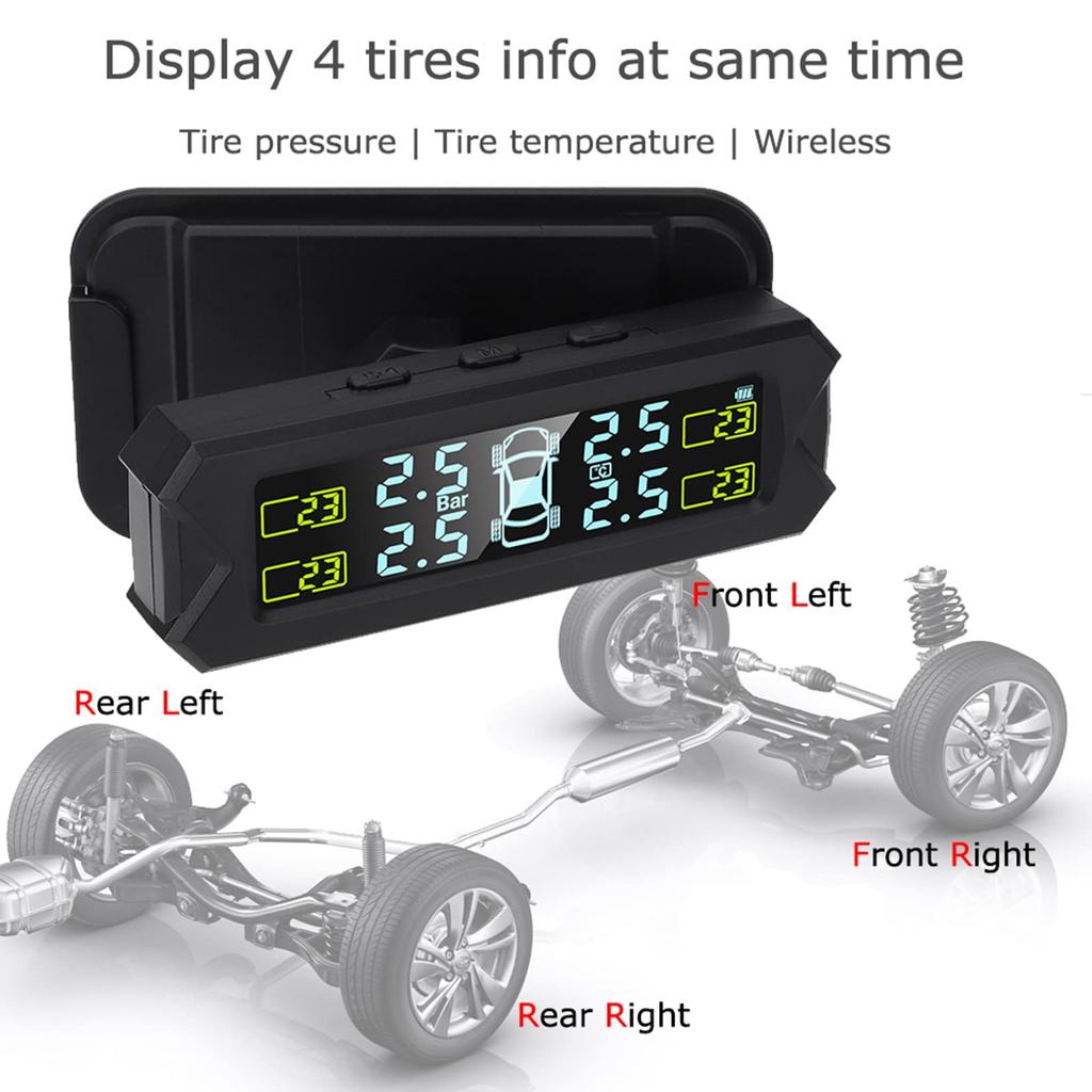 ROWCES Tire Pressure Monitoring System, Solar Powered TPMS, 5 Alarm Modes, Auto Backlight LCD Display, 4 Sensors 0-81 PSI