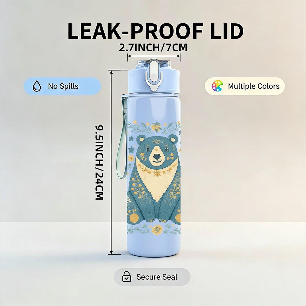 1PC Blue Bear Floral Frame 750ml Color Plastic Sports Water Bottle Leakproof Flip Straw Lid Suitable for Sports Office Home Use