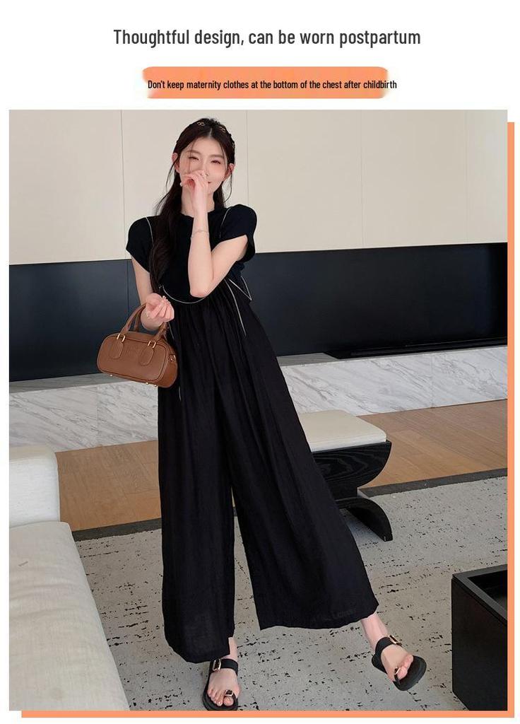 Summer 2026 Maternity Overalls Set: Wide-leg Zipper Overalls + Ice Silk Layer Top