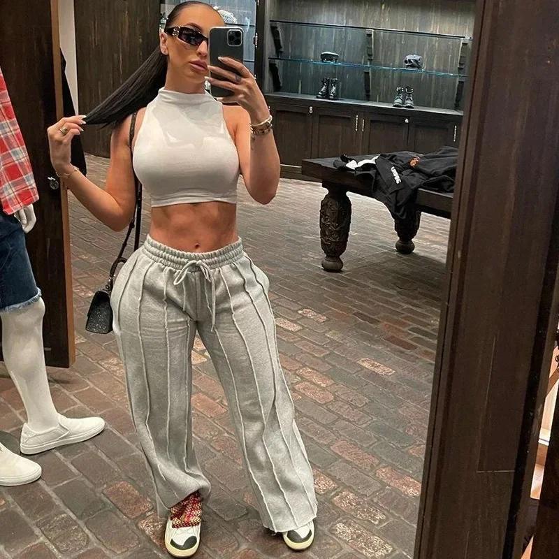 Women Sweatpants Fashion Hip Hop Baggy Striped Pleated Trousers Vintage Aesthetic Patchwork Joggers Casual Sports Pants Y2k