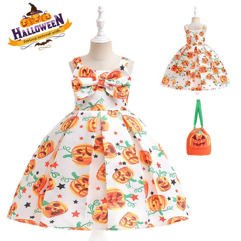 Silky And High Quality Halloween Costume Dress With Pumpkin Bag For Children