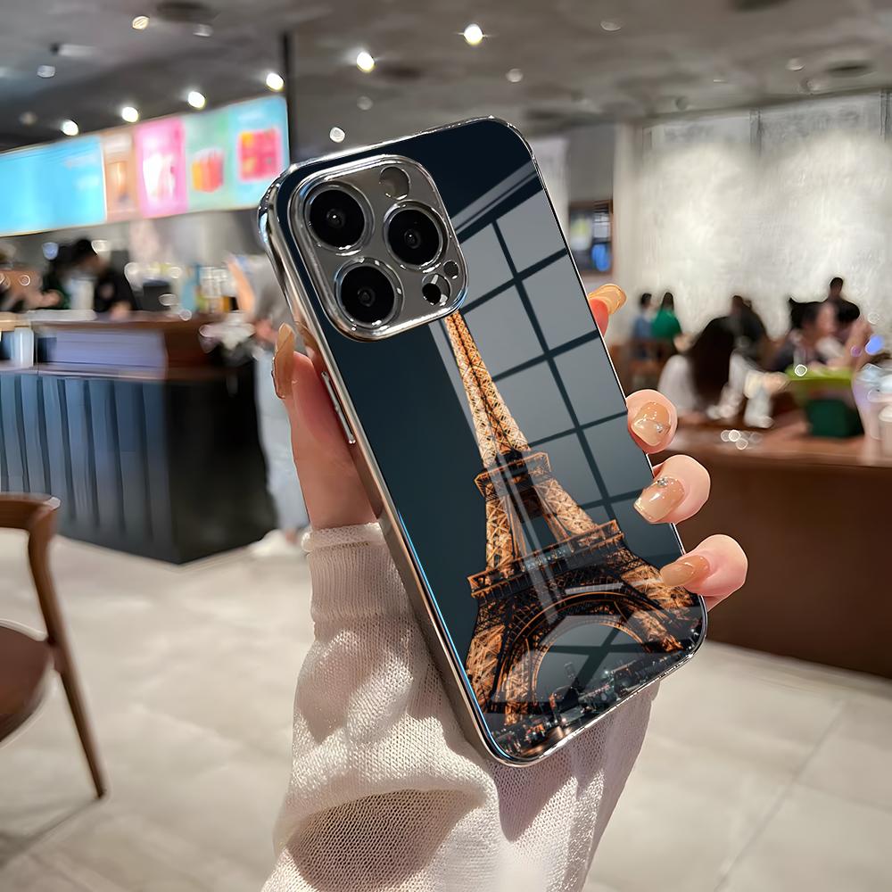 Eiffel Tower Phone Case For IPhone 17 Pro Max 15 Pro 16 14 Plus 12 13 Mini 11 Pro Shockproof Electroplated Glass Cover