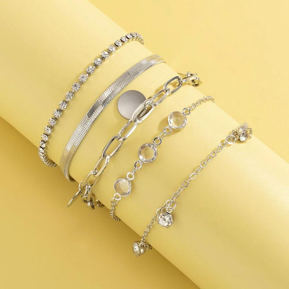5Pcs/set Boho Flat Snake Bone Chain Rhinestone Sequin Pendant Bracelet Set Lady Geometric Fashion Bracelets Combination