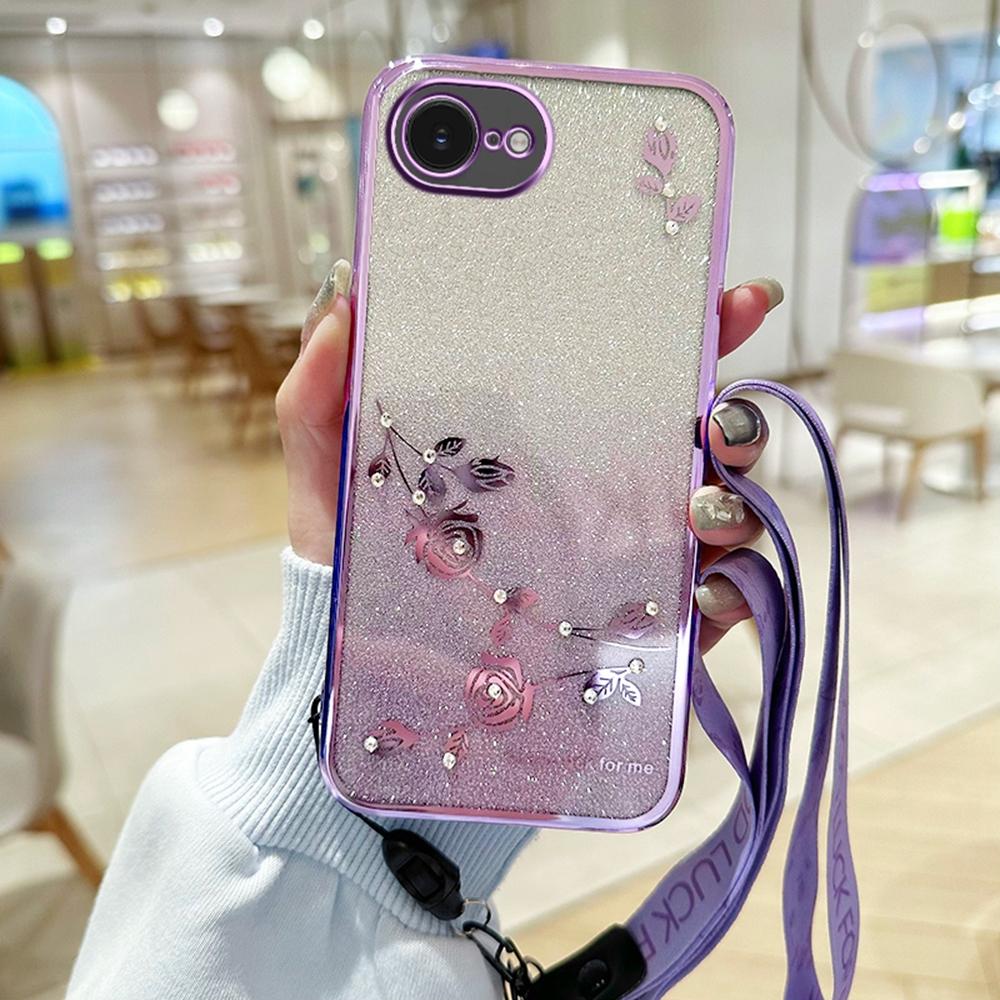 

KADEM For iPhone 16e Case Flower Pattern TPU Gradient Phone Cover with Lanyards Purple