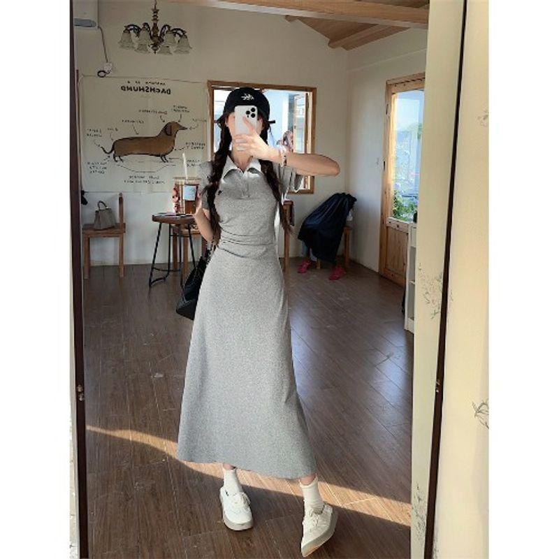 Kumikumi Design Sense Pleat Polo Collar Short sleeve One piece Dress Women clothing Summer Retro Waist Hugging A- line Skirt Long dress