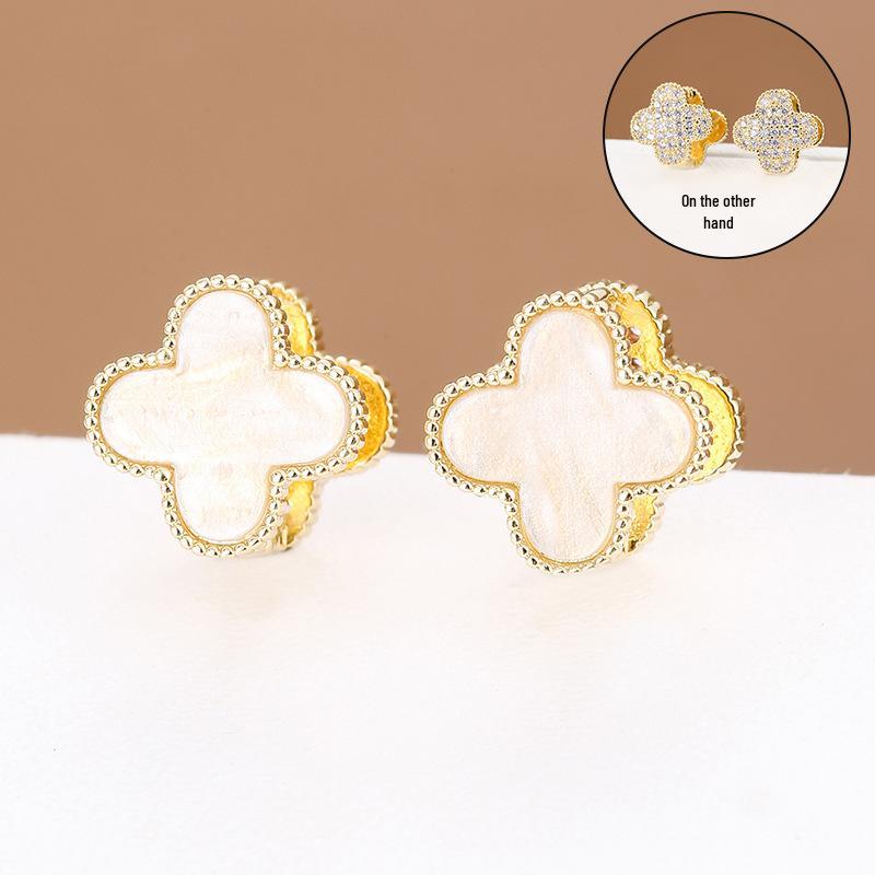 

Серьги-каффы Четырехлистный клевер с циркониевой микропаве белый/золотой