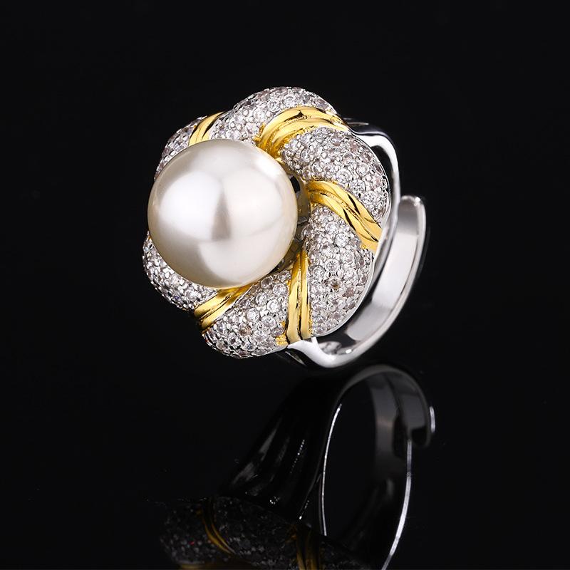 Schmuck Kupfer Platinplattiert Perle Blume Hohes Temperament Ring 14Mm
