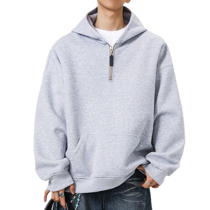 Solid Color Half Zip Hooded Sweatshirt Men Loose Casual Daily Pullover Hoodie