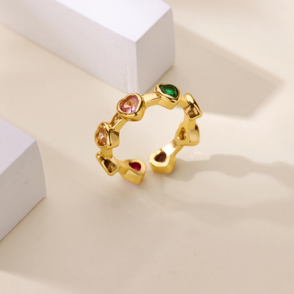 Colored Zircon Stainless Steel Heart Rings For Women Gold Color Heart Opening Ring Wedding Christmas Jewelry Gift