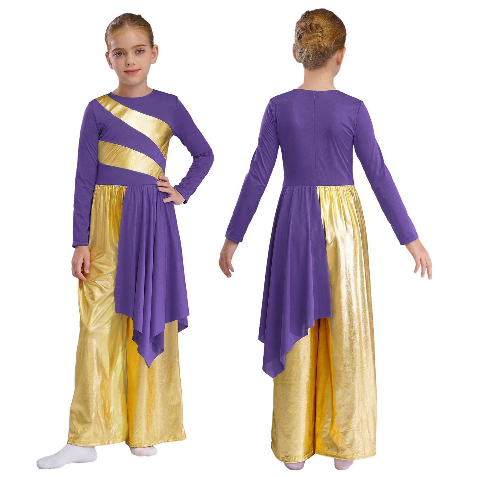 

Irregular Drape Girls Liturgical Bodysuit Metallic Color Block Wide-Leg Praise Dance Costume 9-10 Years фіолетовий
