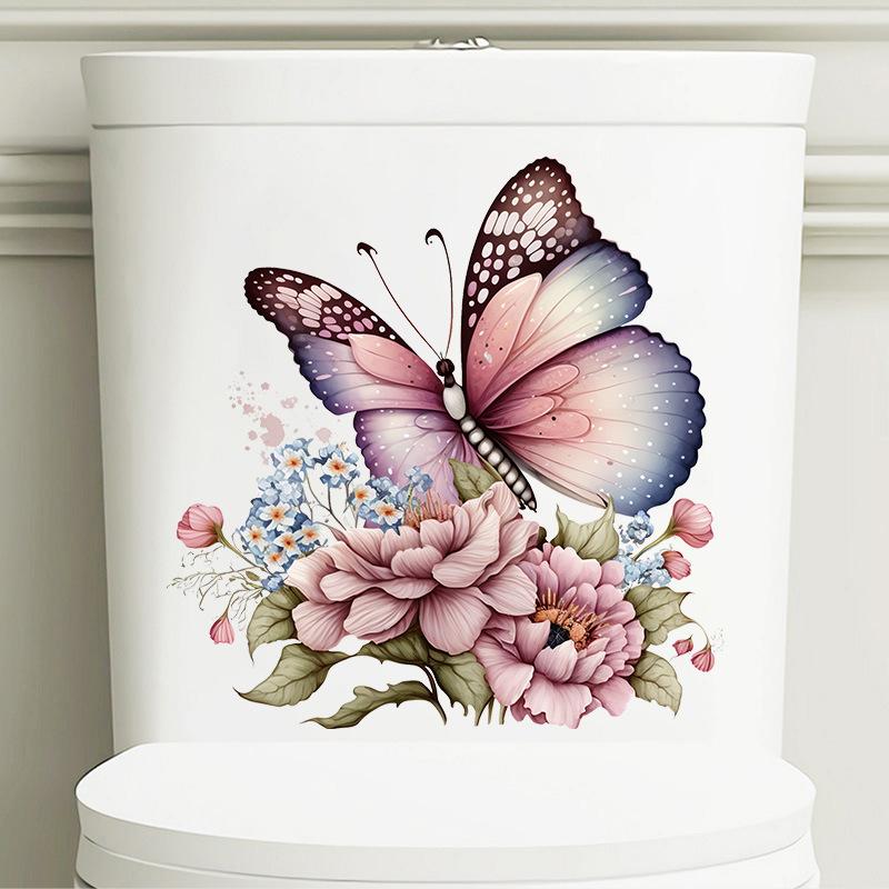 

New Blue Flower Butterfly Sticker Bathroom Waterproof Toilet Sticker Self-adhesive Wall Sticker 30x30cm