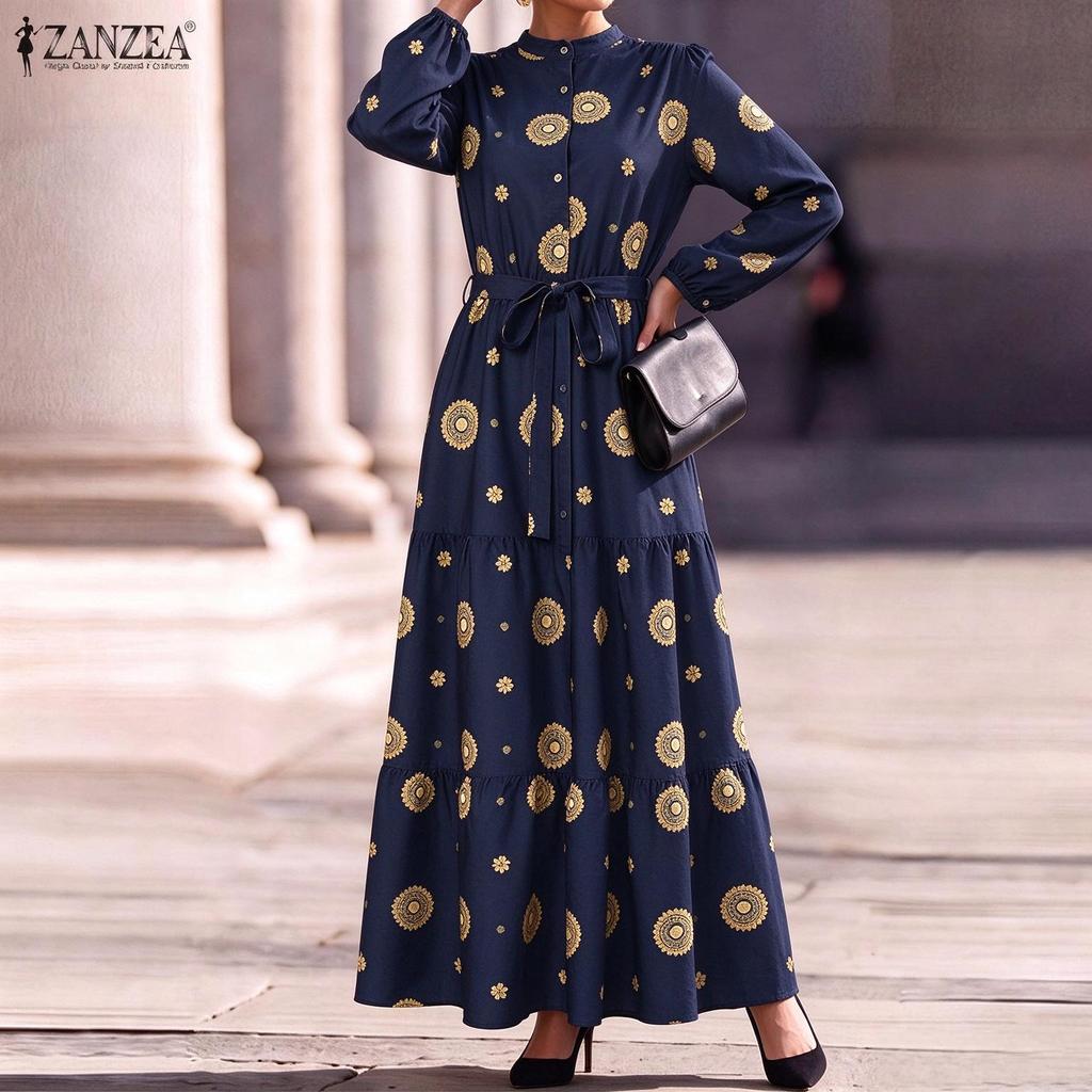 ZANZEA Women Lantern Sleeve Stand Collar Belted Waist Floral Print Pleated Hem Casual Holiday Long Dress