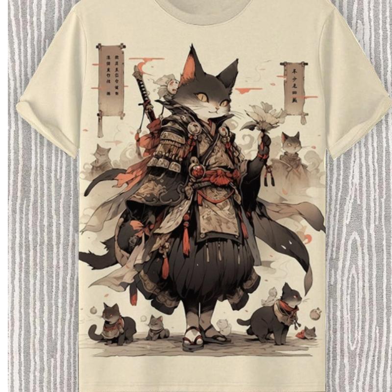 

Мужская футболка в японском стиле с изображением самурая и кота с 3D принтом, повседневная футболка с короткими рукавами, уличная негабаритная мужская одежда, топы 3XL