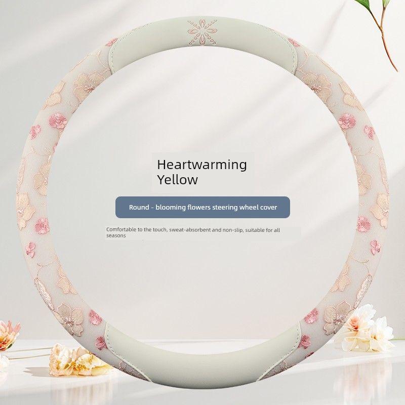 

National Style Lace Car Steering Wheel Cover, Cute Ladies Handle Cover, Goddess Style, Anti-Slip, Universal for All Seasons Heart-Warming Yellow [Round]
