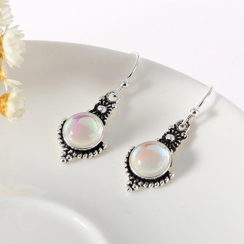 Retro Moonstone Earrings: European  American Fashion, Thai Silver, Colorful Rainbow Gemstone Hooks