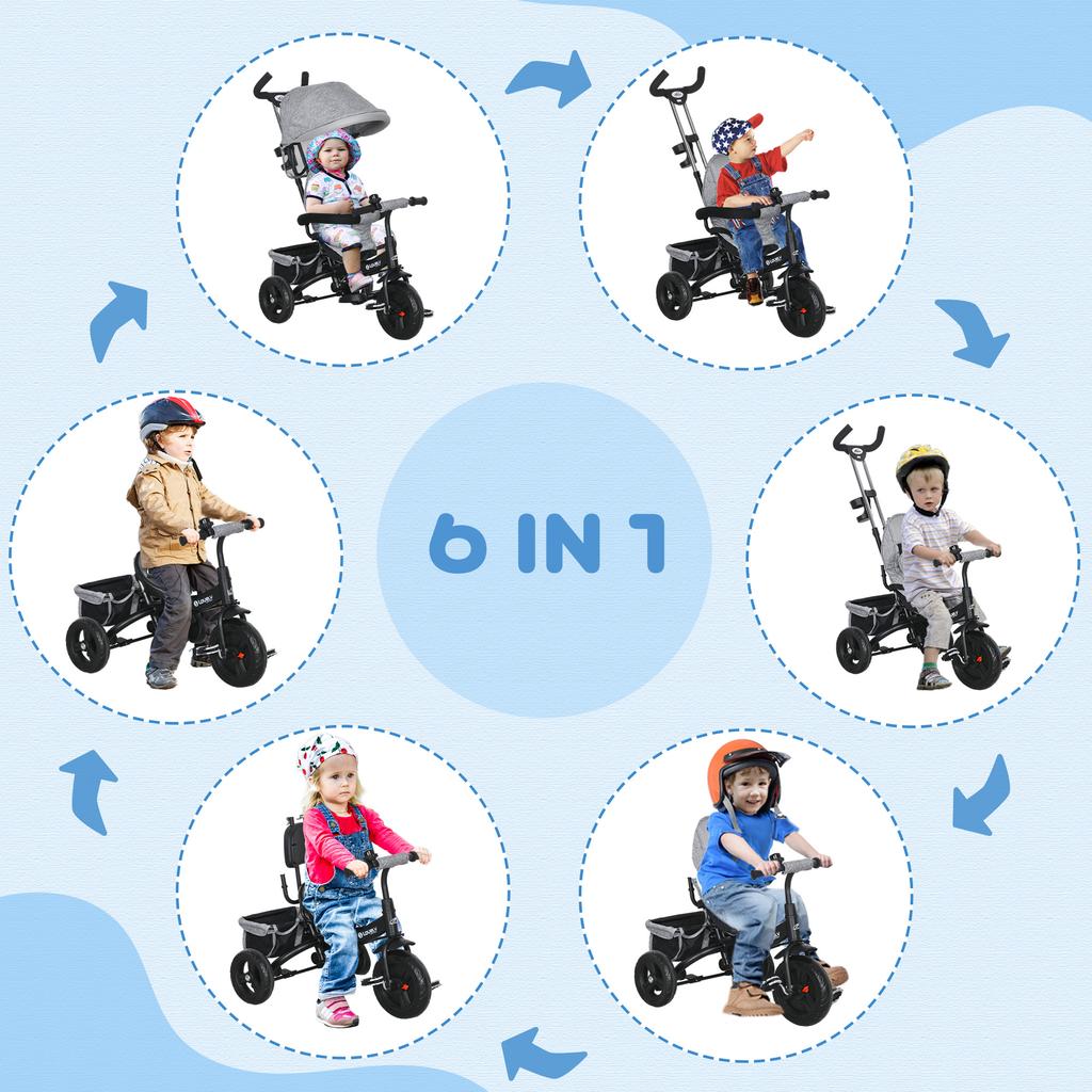 Children's Tricycle, Folding Sunshade, Telescopic Handle, 95x50x106 Cm, Steel, Grey/Black