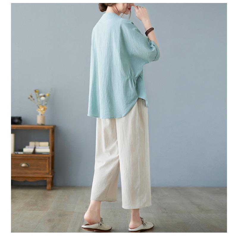 Koszula z bawełny i lnu w jednolitym kolorze, z półotwartym kołnierzykiem i rękawami w kształcie nietoperza, w dużym rozmiarze, damska, letnia koszula literacka