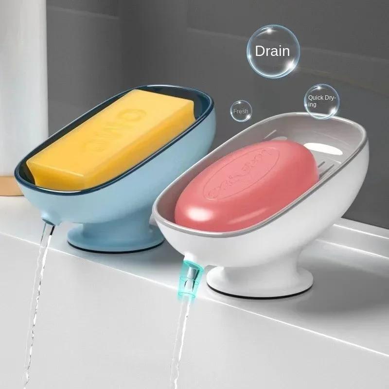 1pc Bathroom Washbasin Shelf  Soap Box Household Non Perforated Double-layer Drain Suction Cup Non Slip Oval Soap Holder