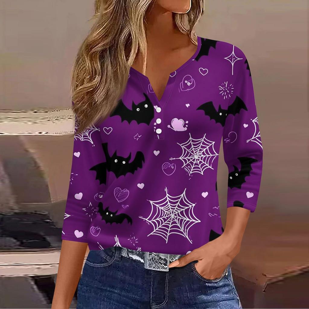 Women's Casual Fashion V-neck Loose Versatile Halloween Print Three-quarter Sleeve Top