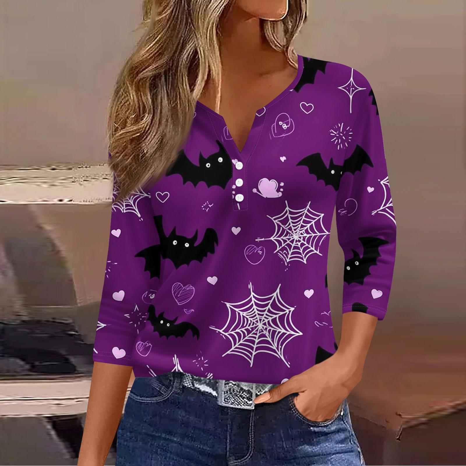 

Women s Casual Fashion V-neck Loose Versatile Halloween Print Three-quarter Sleeve Top M