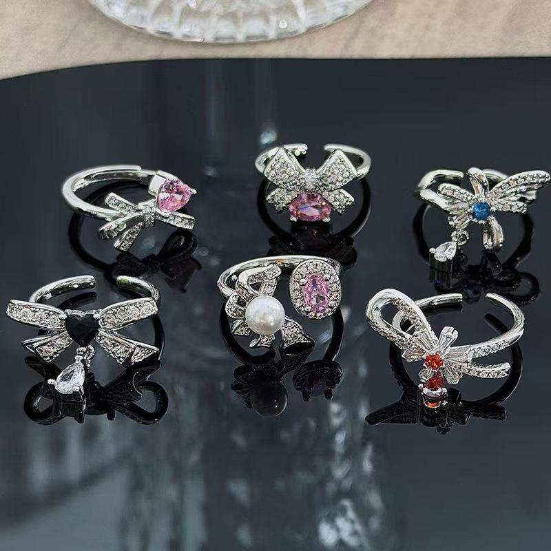 Sweet And Cool Style Bow Full Of Diamonds, Zircon Ring, Open Finger, Women'S Fashion Index Finger Ring, Stacked With Niche Rings