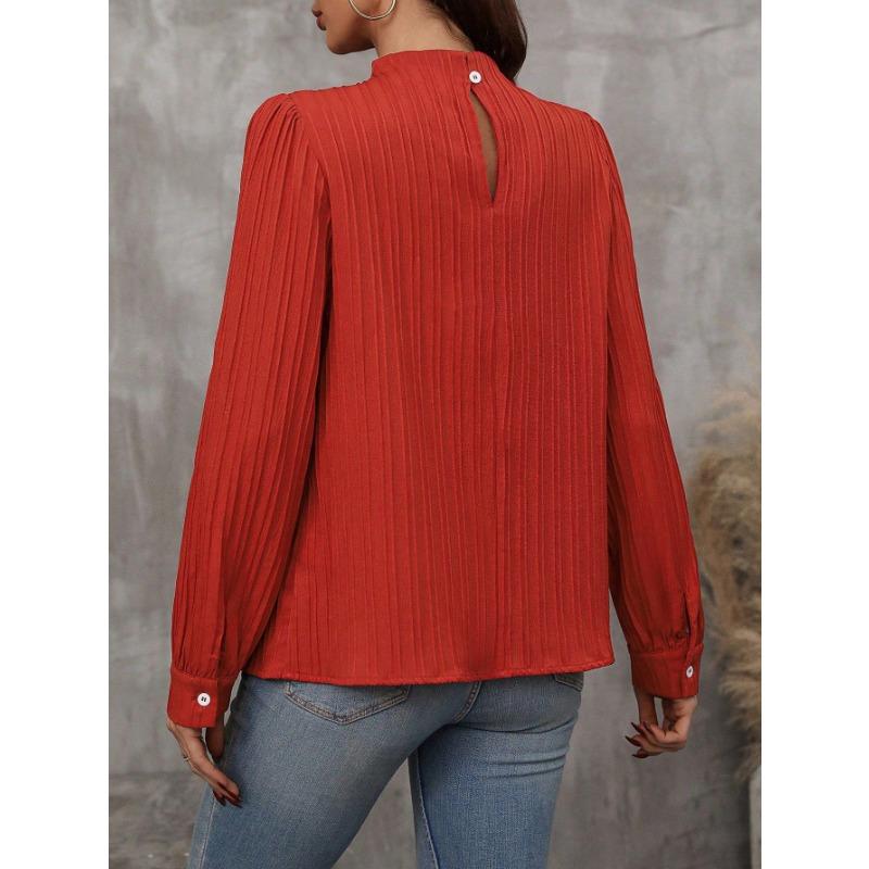 Women's Top Half Turtleneck Pleated Long Sleeve Slim Shirt