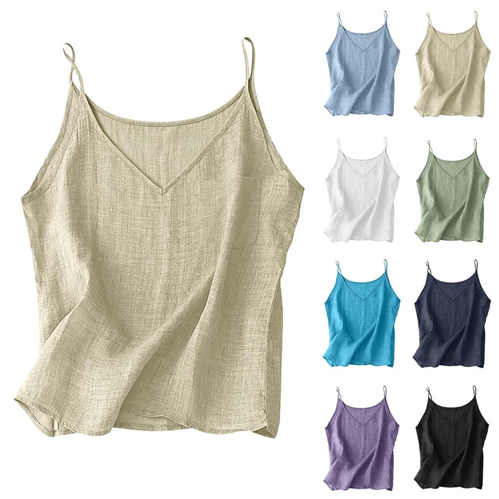 Women V Neck Sleeveless Tank Top Casual Loose Fit Linen Camisole with Pocket Design for Everyday Wear and Comfort