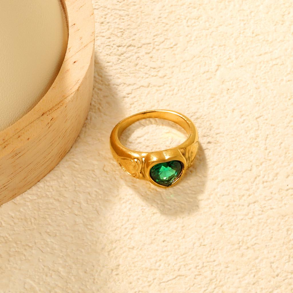 Emerald Diamond Open Ring Vintage Design Heart Zircon Ring Stainless Steel 18K Gold Plated Ring Women