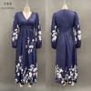 European and American women's clothing new digital printing flower V-neck pleated long-sleeved dress women