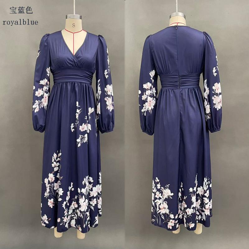 European and American women's clothing new digital printing flower V-neck pleated long-sleeved dress women