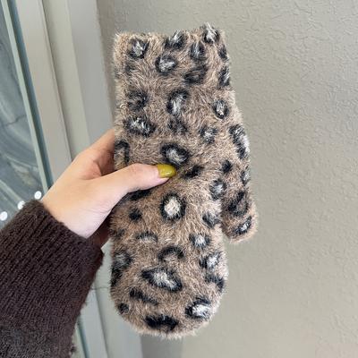 Neue pelzige Leopardenmuster-Handschuhe Winter Damen Samt Verdickt Warm und Winddicht Student Fahrradtasche Finger