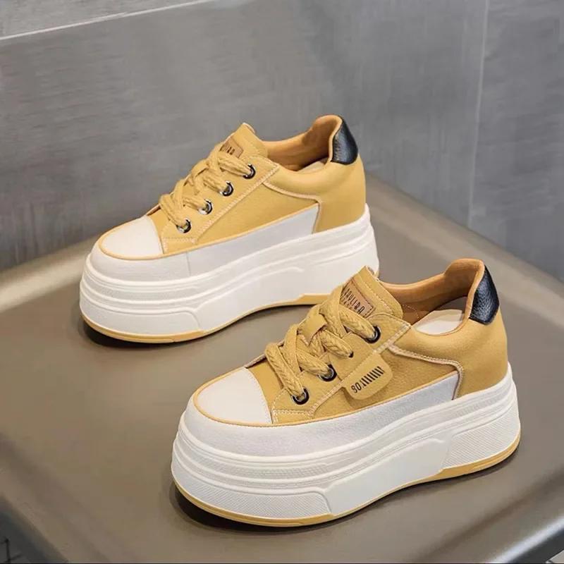 Fashion 9cm Genuine Leather Platform Sneakers Wedge Shoes for Women Breathable Sneakers Autumn Casual Shoes Hidden Heel Zapatillas Mujer