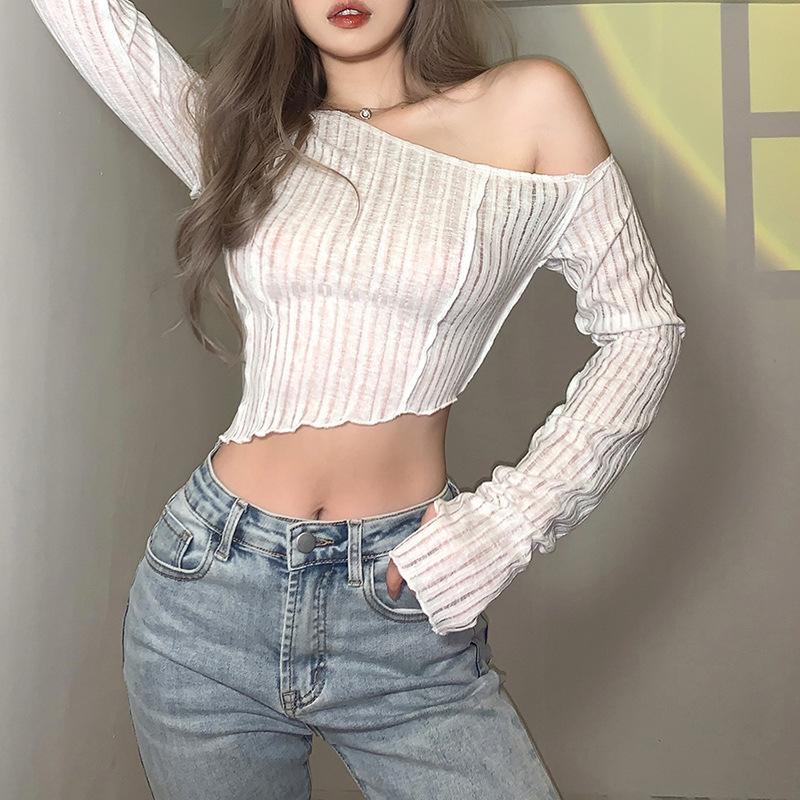 Spring Fashion New Women Clothing Solid Color Asymmetrical Neck Slim-Fit Ruched Sexy Sheer T-Shirt For Ladies S белый