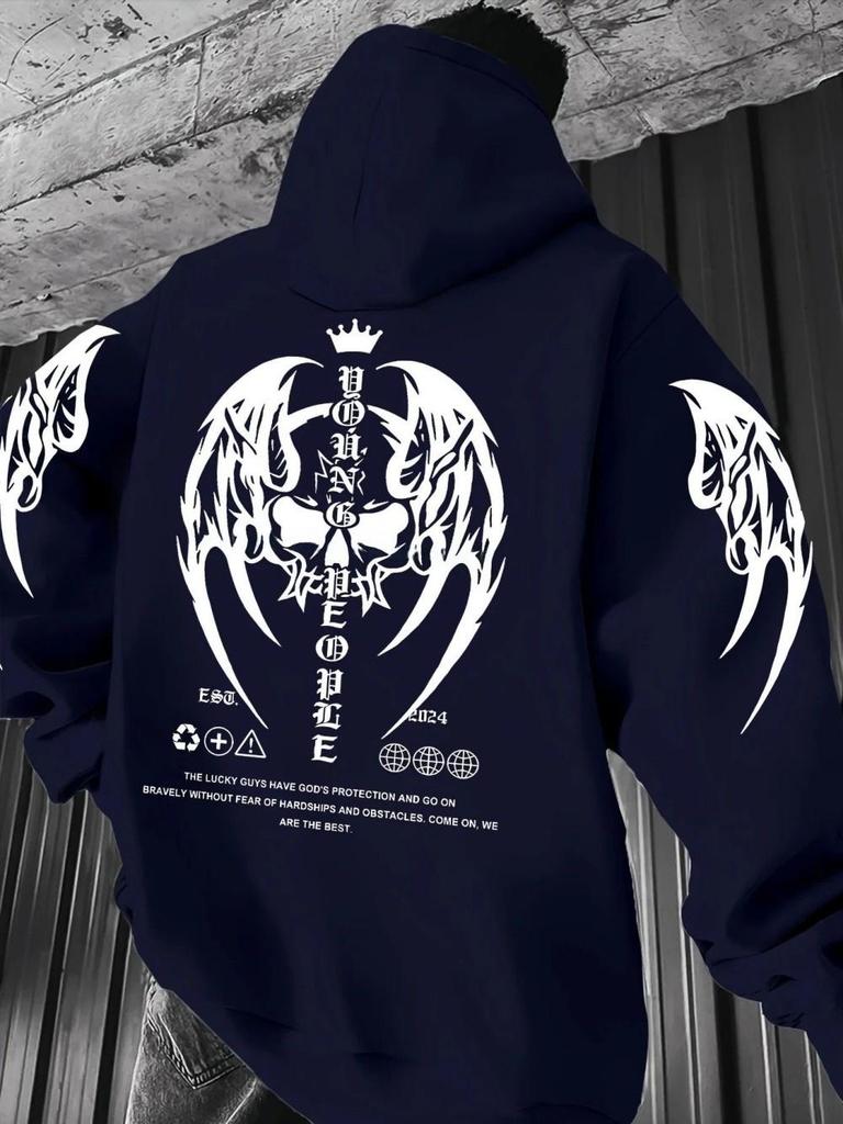 New European and American autumn men's Gothic skull letter print micro elastic comfortable hooded sweatshirt outdoor street top