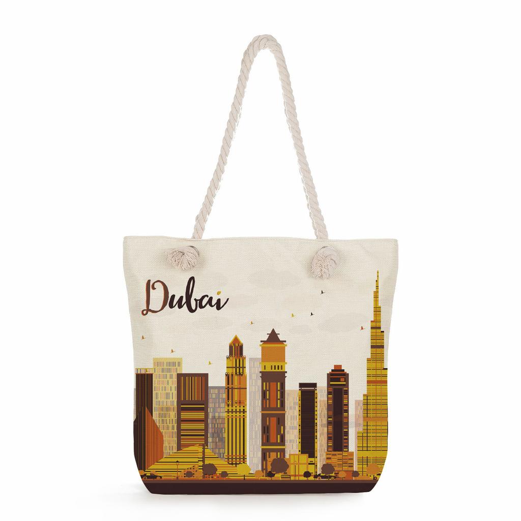 Multifunctional Dubai Architecture Printed Thick Rope Shoulder Beach Bag Casual large capacity handbag 7613