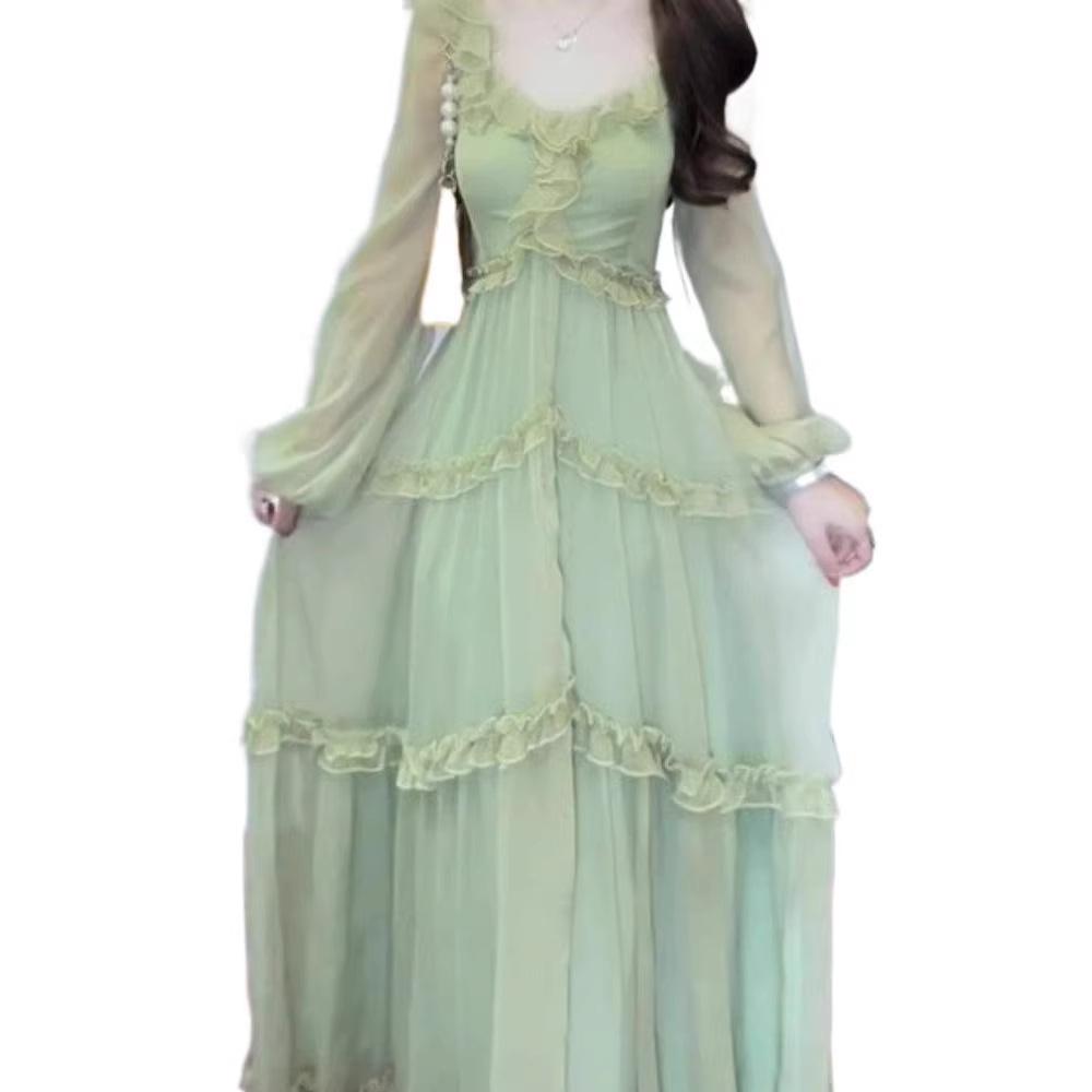 2026 Spring/Summer Trend: French Resort Style Green Chiffon Lace Long Dress
